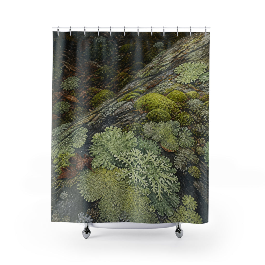 Moss and branching lichen growing across forest stone shower curtain with full front view