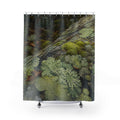 Moss and branching lichen growing across forest stone shower curtain with full front view