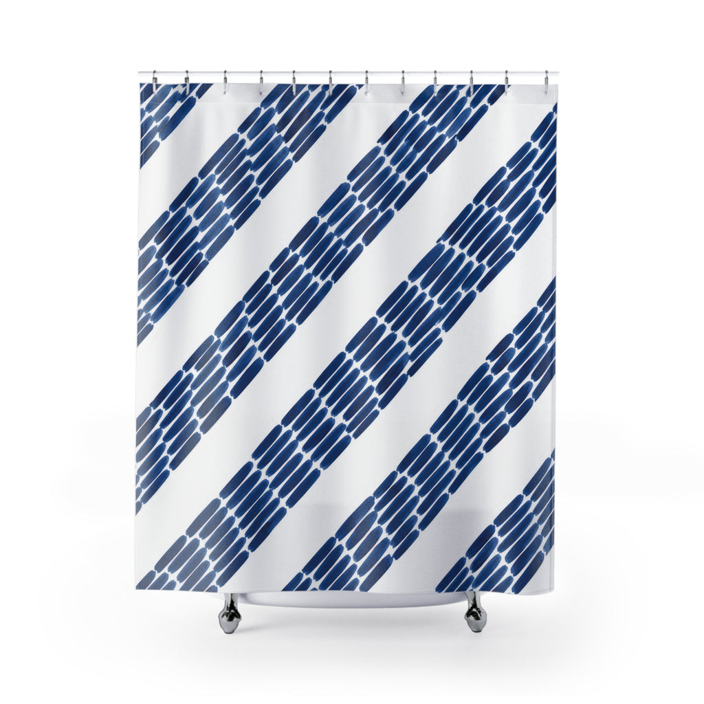 Diagonal indigo ink dashes and broad white stripes shower curtain with full front view