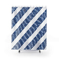 Diagonal indigo ink dashes and broad white stripes shower curtain with full front view