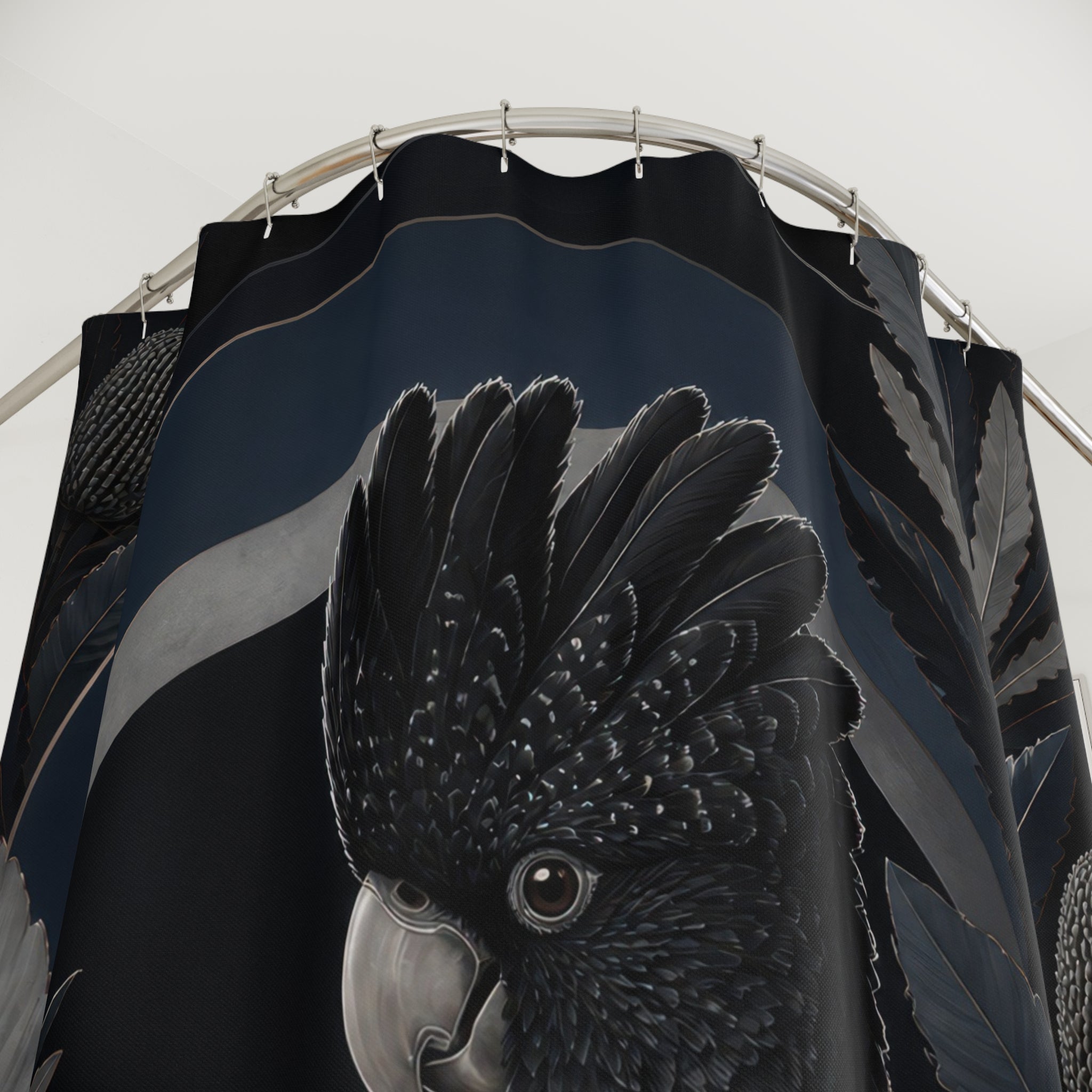 Close-up of Red tailed black cockatoo framed by moonlit banksia foliage shower curtain with hooks and folds