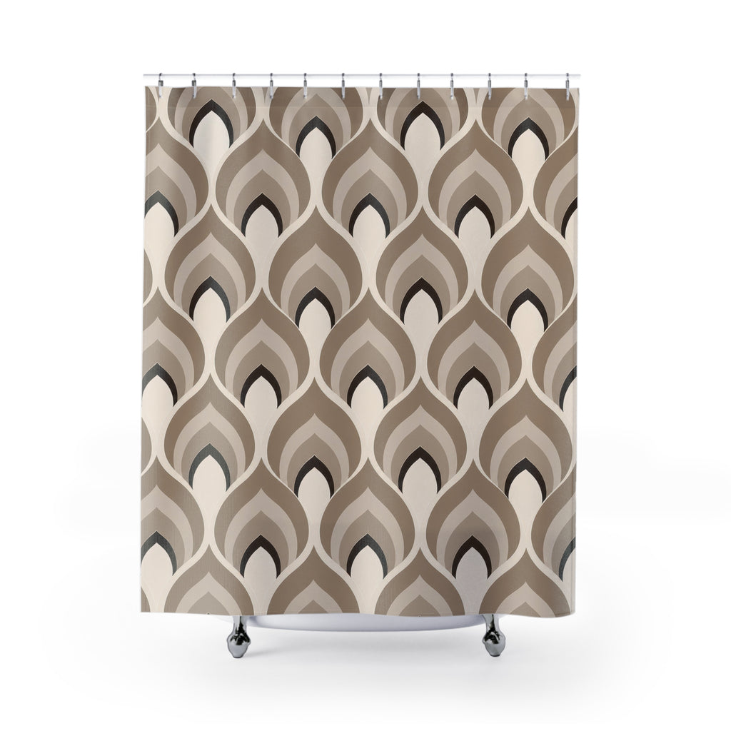 Nested taupe and mushroom ogee fan geometric pattern shower curtain with full front view