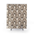 Nested taupe and mushroom ogee fan geometric pattern shower curtain with full front view