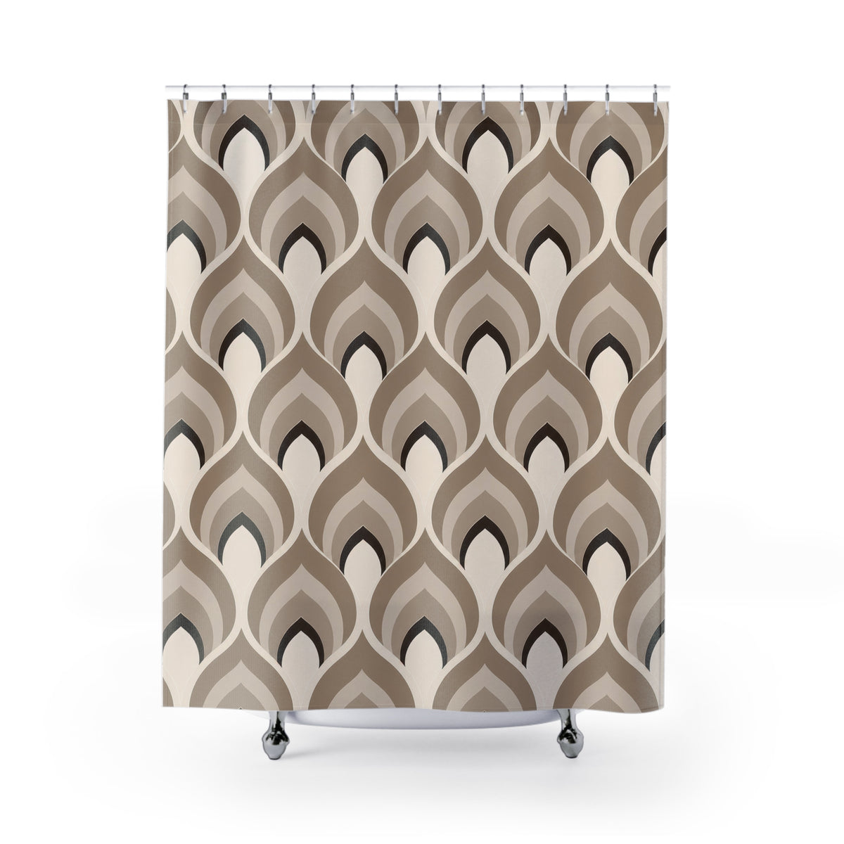 Nested taupe and mushroom ogee fan geometric pattern shower curtain with full front view