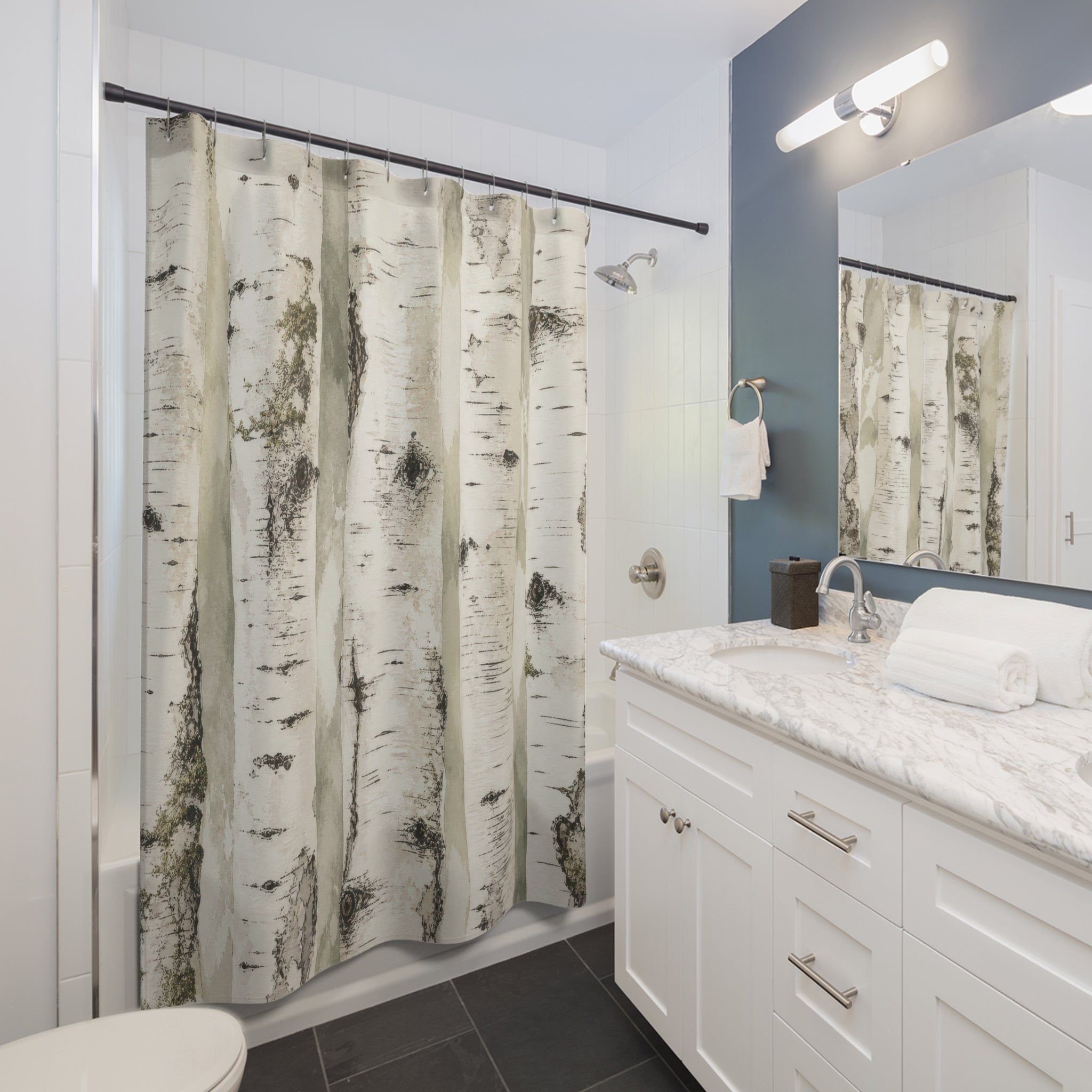 Birch Tree Shower Curtain, White Grey Woodland Forest Pattern, Rustic Nature Bathroom Decor, Cabin Guest Bath Lodge Style