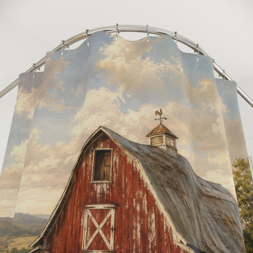 Barn Shower Curtain: Red Farmhouse Landscape