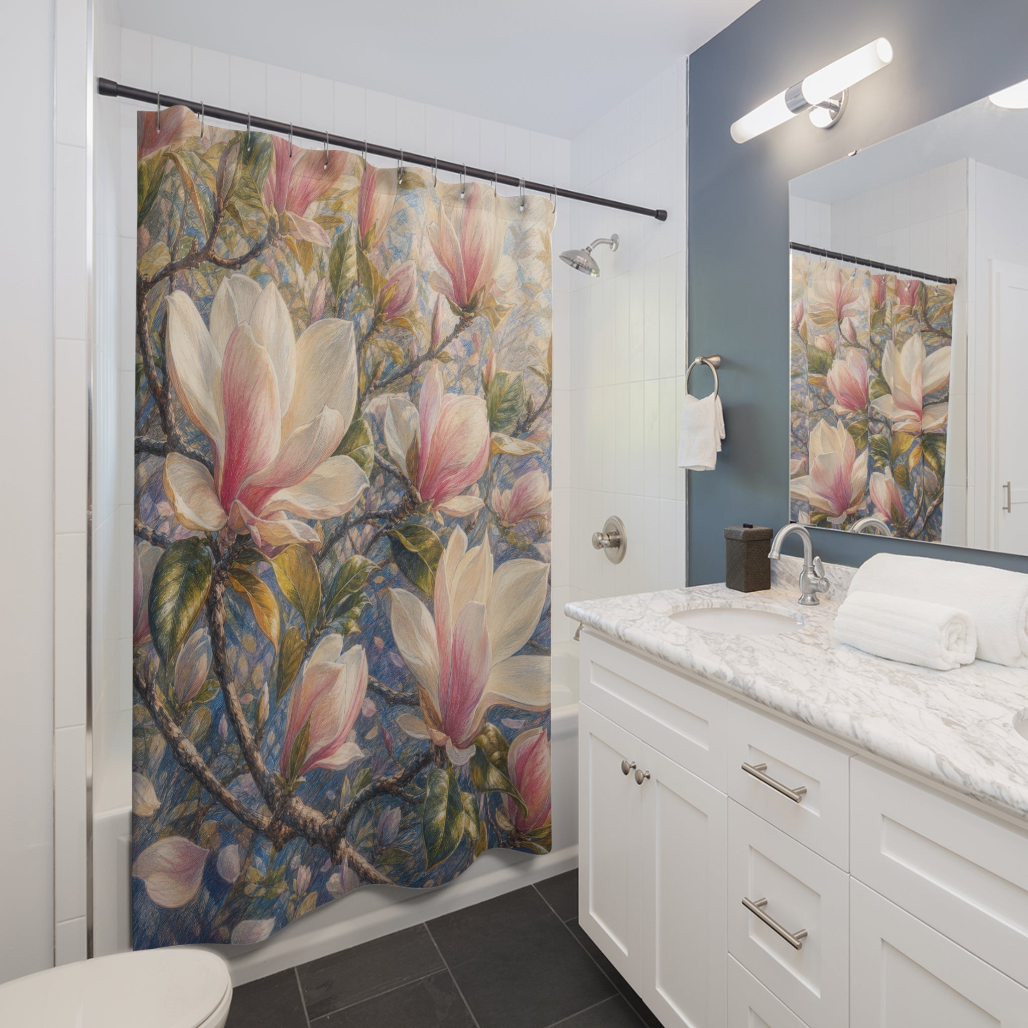 Pastel Pencil Magnolia Branches Shower Curtain
