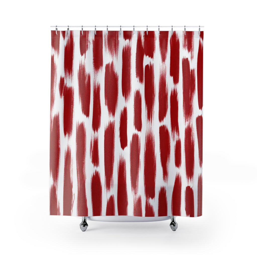 Red Ikat Shower Curtain, Blurred Stripe Pattern, Red White Bath Decor, Global Geometric Guest Bathroom Accent, Modern Relaxed Style