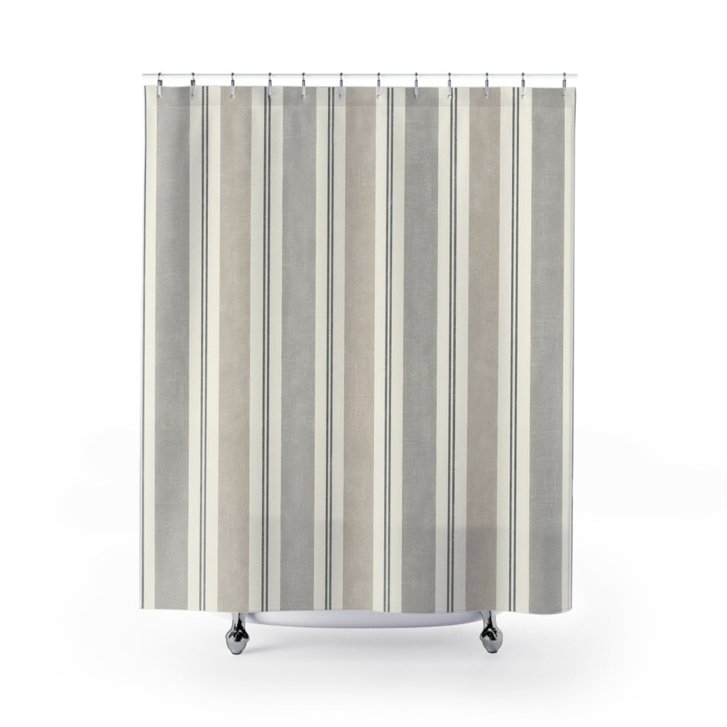 Beige Grey Stripe Shower Curtain, Beige Gray Classic Bathroom Decor, Modern Stripe Bath Curtain, Guest Bath Decor, Small Bathroom Decor