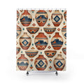 Terracotta pottery with blue mesas and stepped diamonds shower curtain with full front view