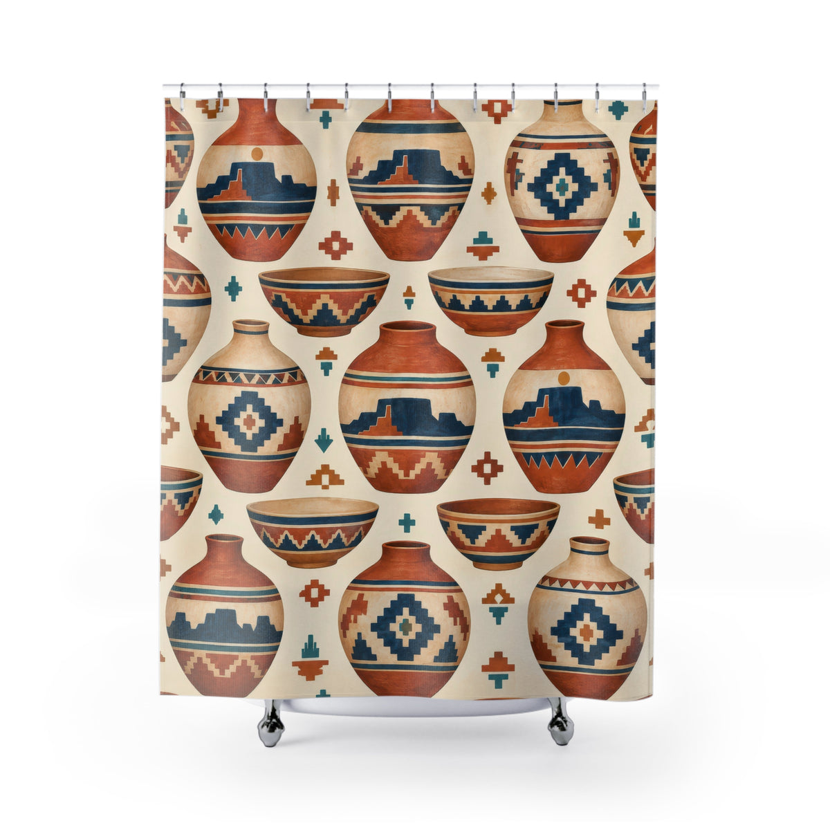 Terracotta pottery with blue mesas and stepped diamonds shower curtain with full front view