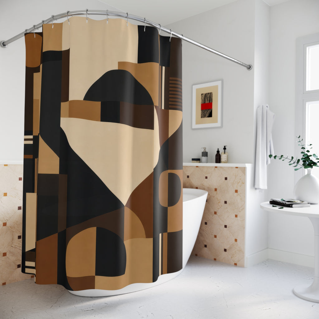 Mid Century Modern Shower Curtain, Black Brown Geometric Bath Decor, Bauhaus Style Shape Pattern, Warm Neutral Guest Bathroom Decor Style