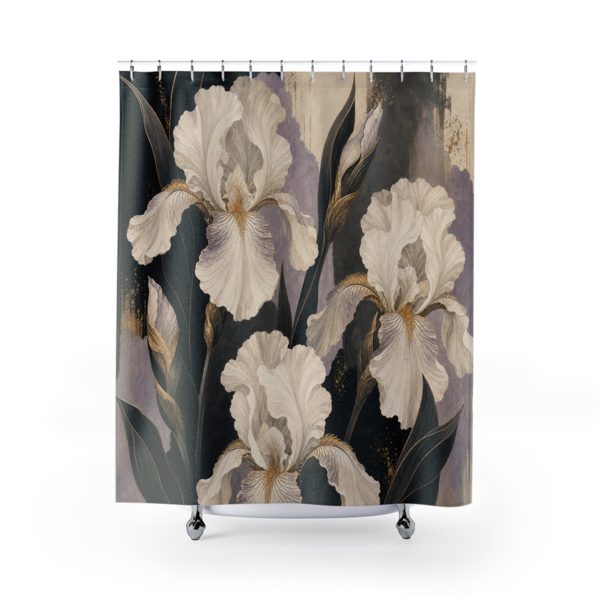Black Iris White Floral Shower Curtain