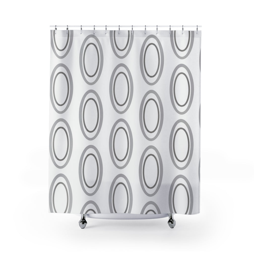 Silver gray nested ovals on white shower curtain with full front view