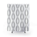 Silver gray nested ovals on white shower curtain with full front view
