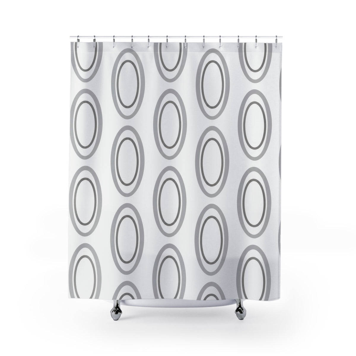 Silver gray nested ovals on white shower curtain with full front view
