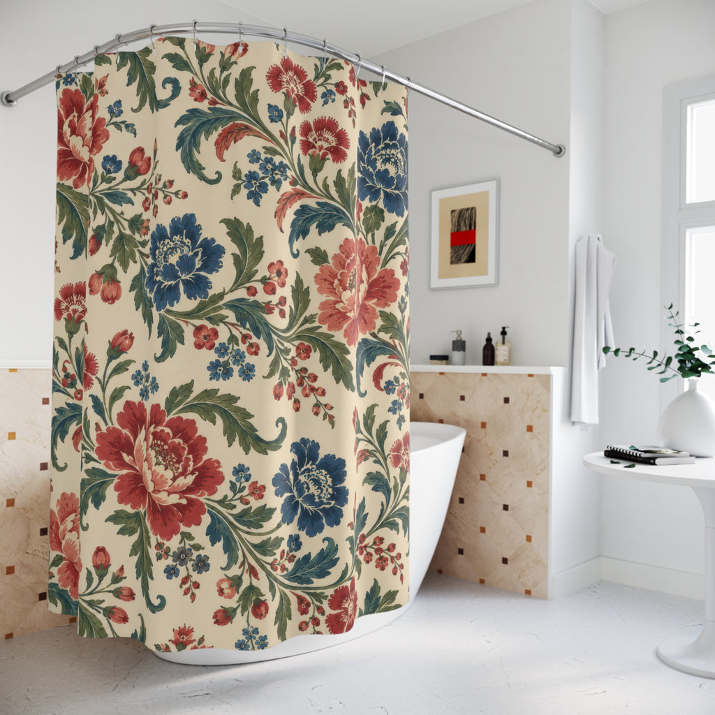 Red and blue chintz flowers with curling green leaves shower curtain beside a freestanding tub