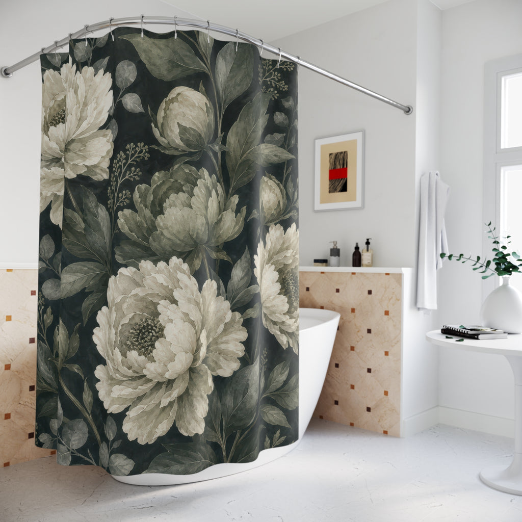 Dark Green Peony Shower Curtain, Dark Green Botanical Bathroom Decor, Dark Floral Bath Curtain, Guest Bath Decor, Small Bathroom Decor