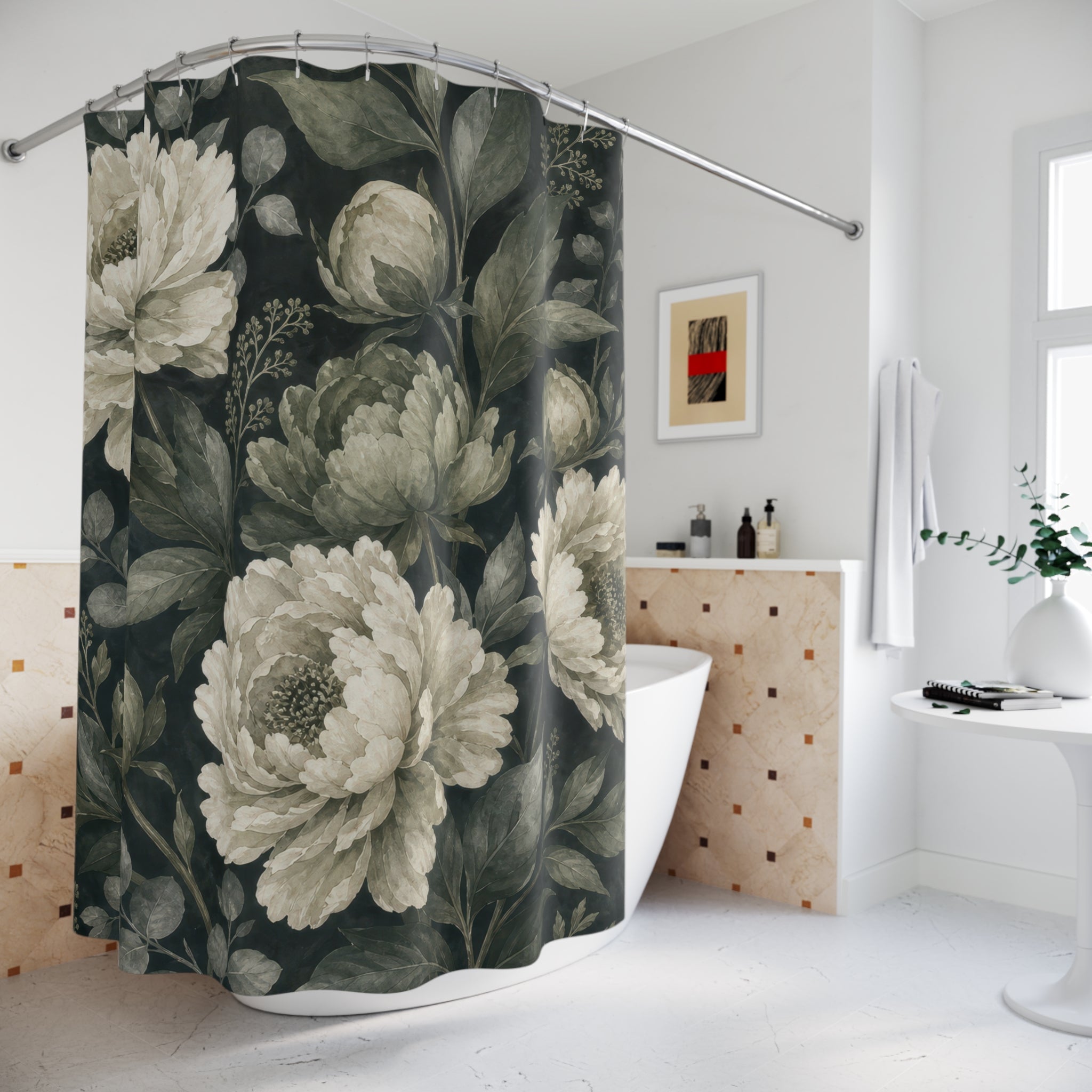 Dark Green Peony Shower Curtain, Dark Green Botanical Bathroom Decor, Dark Floral Bath Curtain, Guest Bath Decor, Small Bathroom Decor
