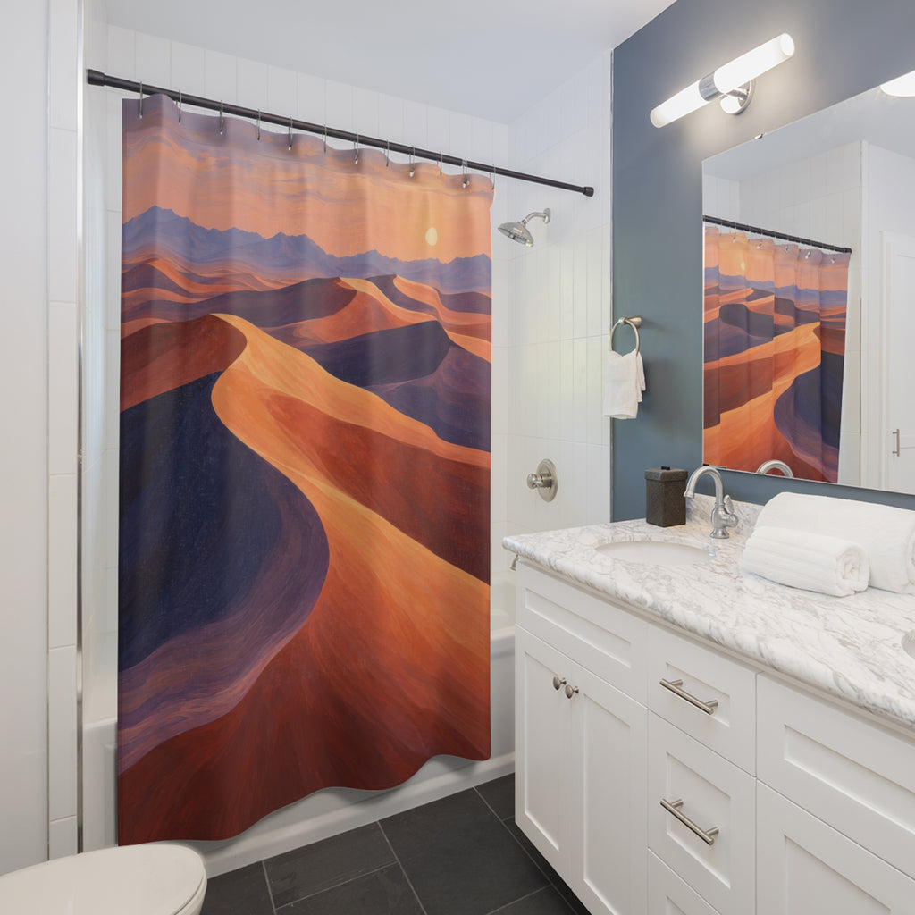 Painted orange dunes with purple canyon layers at sunset shower curtain beside a white vanity