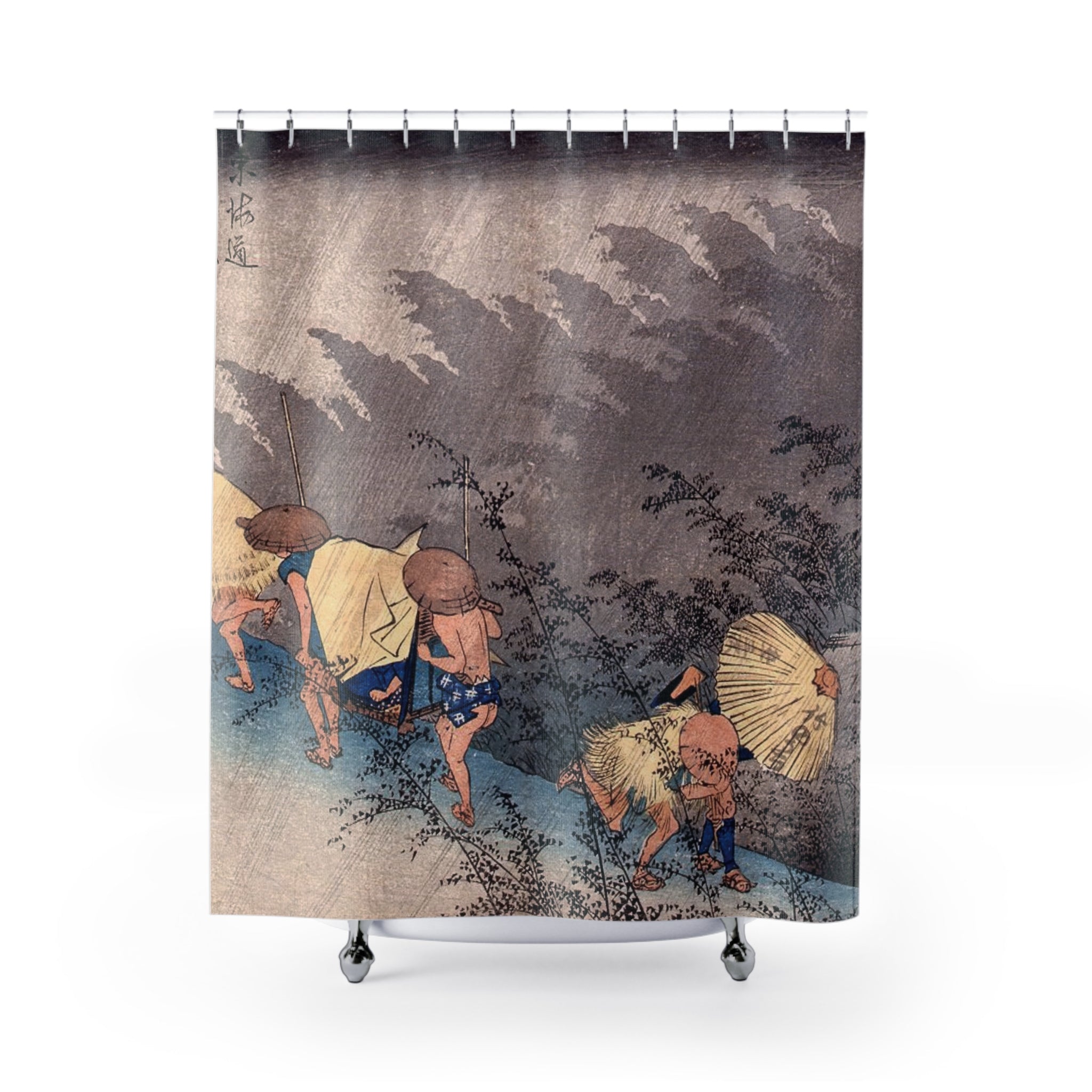 Hiroshige Japanese Woodblock Shower Curtain, Blue Grey Rainstorm Bathroom Art, Edo Period Tokaido Print, Vintage Bath Curtain