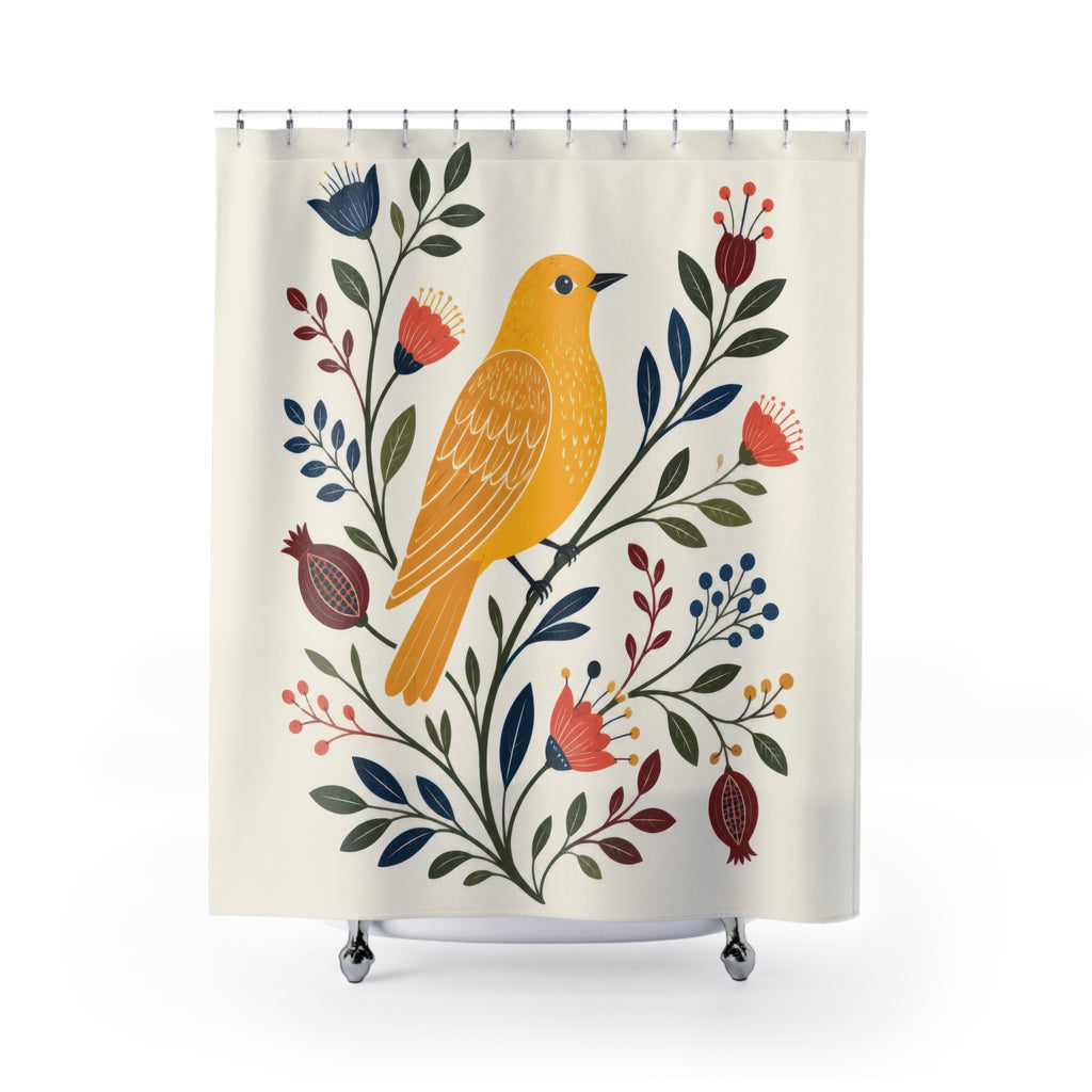 Golden yellow folk bird with colorful botanicals shower curtain with full front view