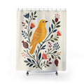 Golden yellow folk bird with colorful botanicals shower curtain with full front view