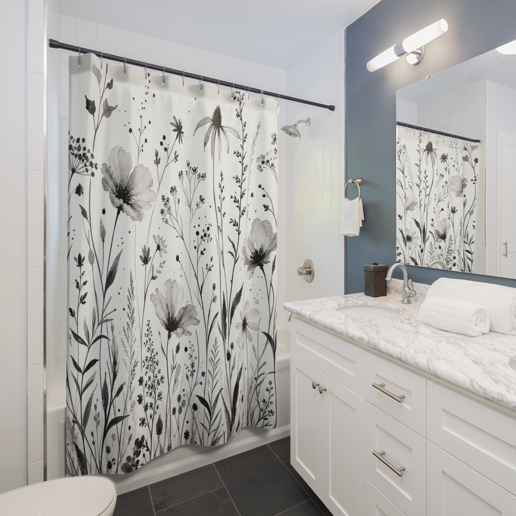 Black White Floral Wildflower Flower Botanical Cottage Shower Curtain