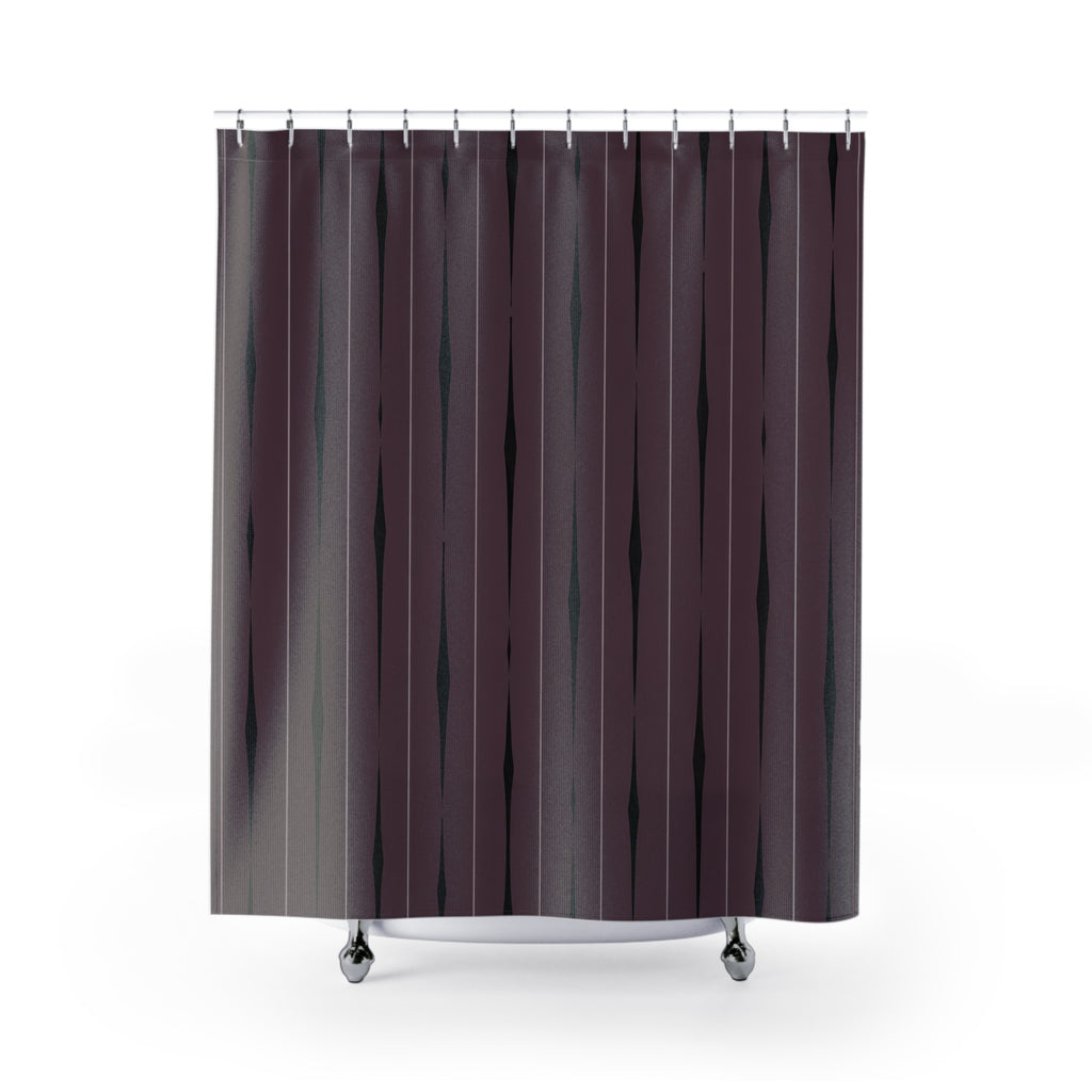 Black tapered vertical strokes and gray lines on smoky plum shower curtain with full front view