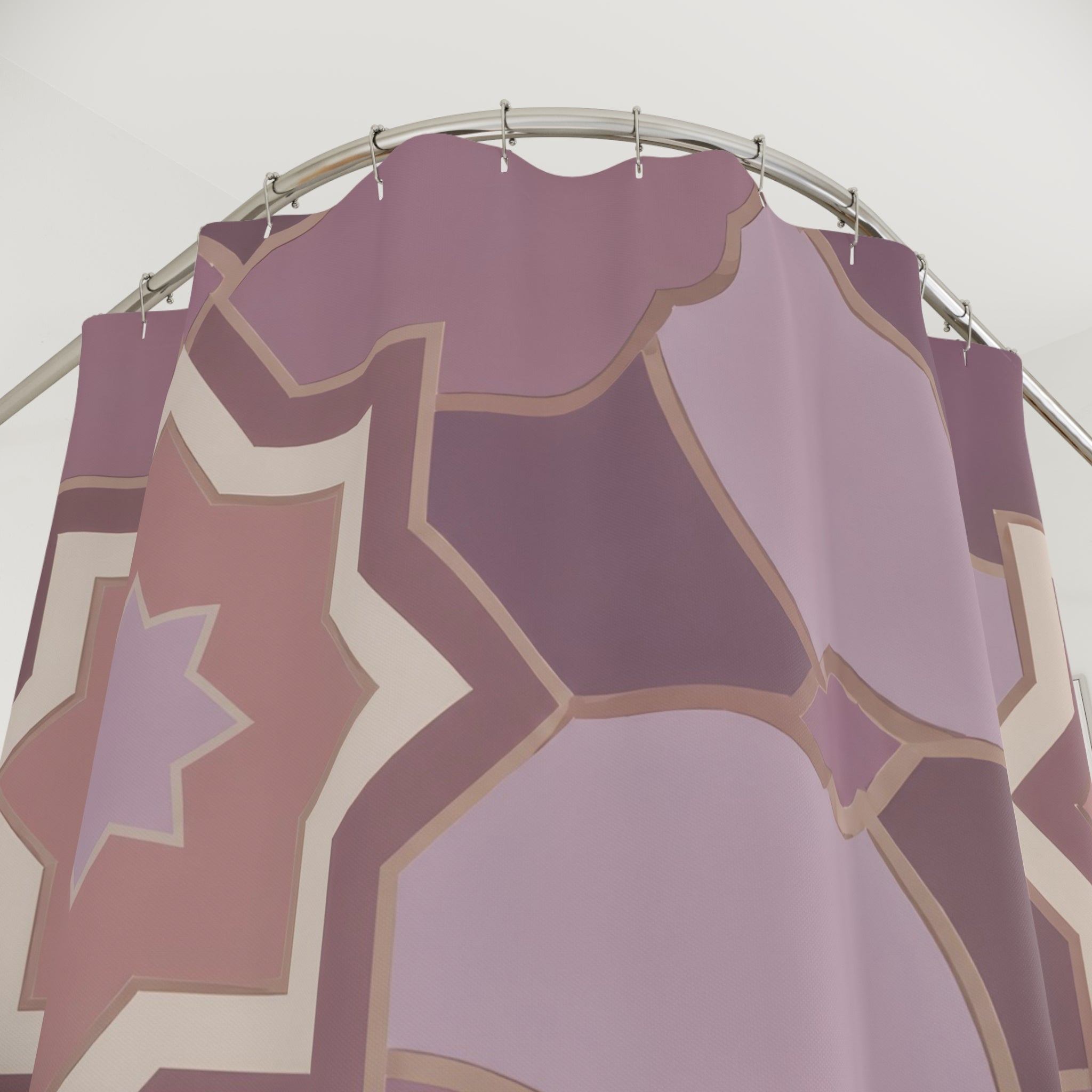 Mauve eight-point star mosaic with plum rosettes shower curtain with close-up print, hooks, and folds