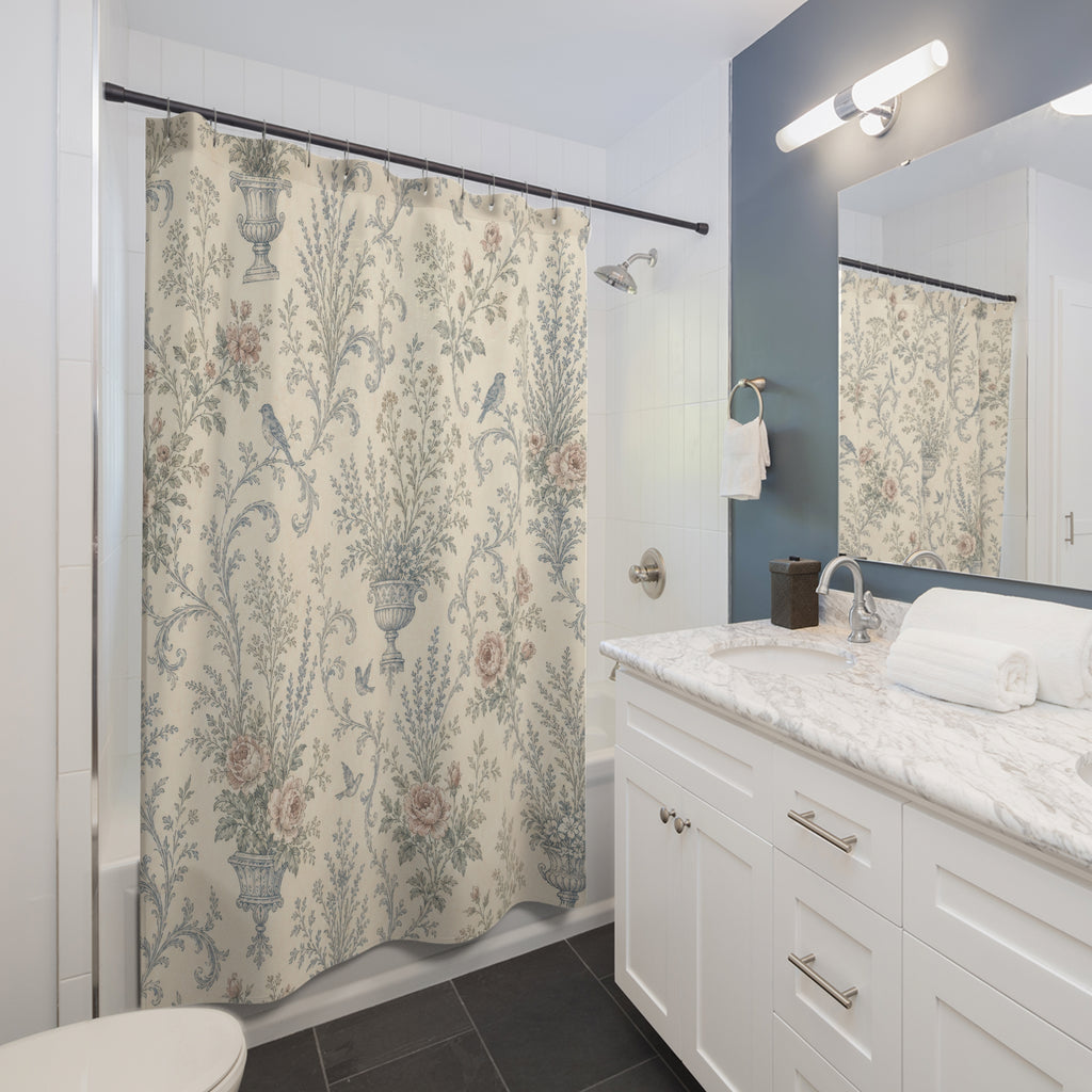 French Country Floral Blue Shower Curtain