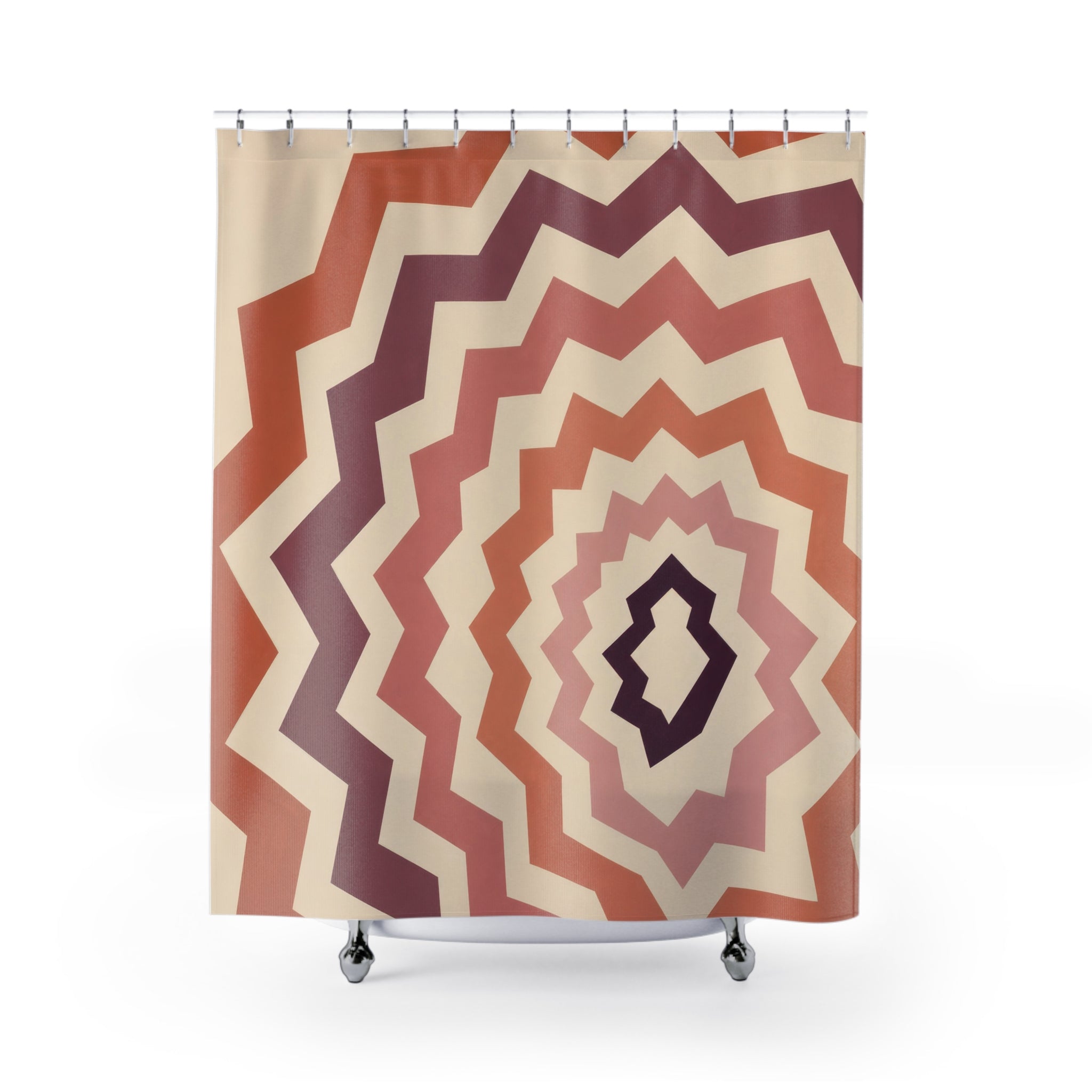 Terracotta and plum nested zigzag diamond ripples shower curtain with full front view