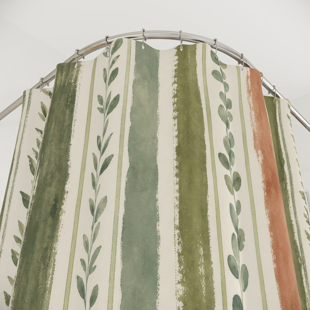 Sage Green Leaf Stripe Shower Curtain