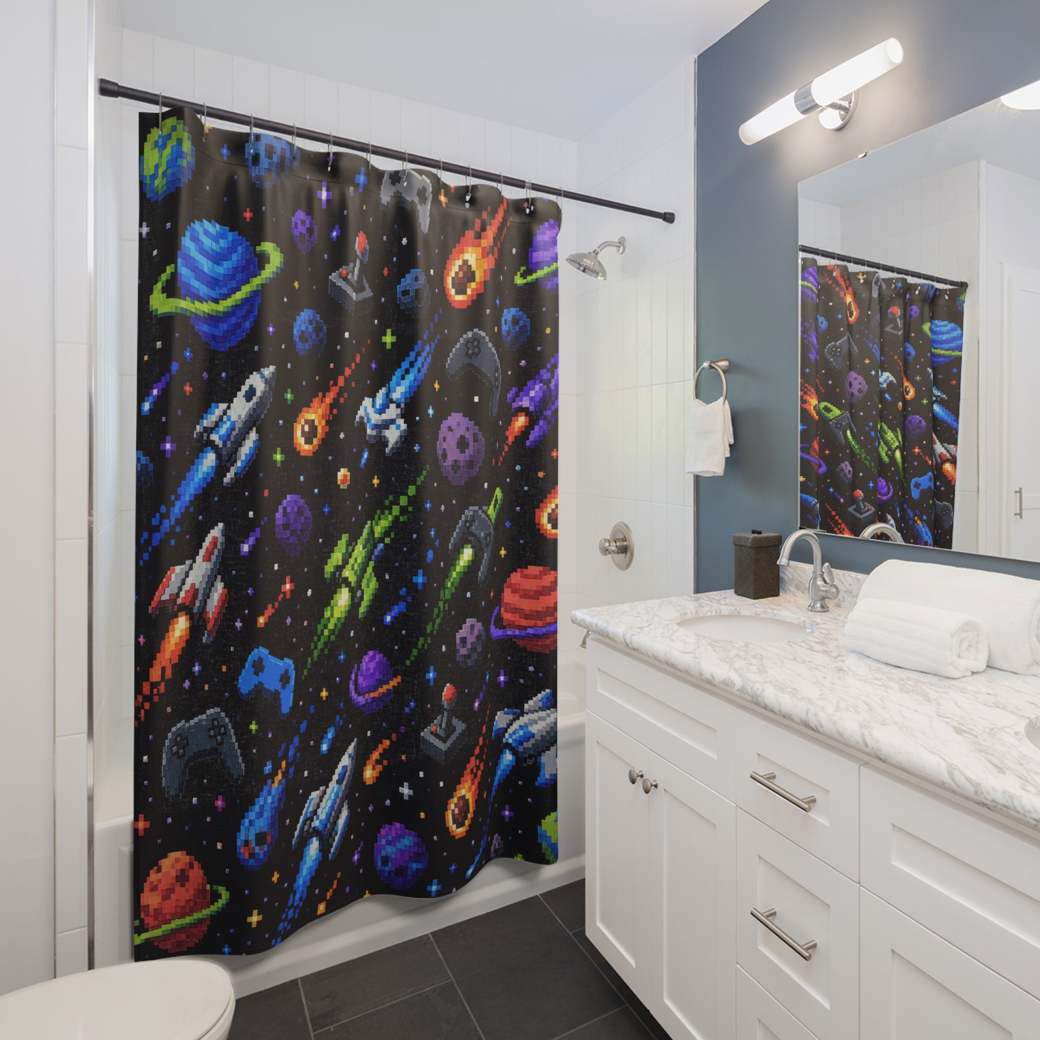 Dark Space Shower Curtain, Kids Bathroom Decor, Rocket Planet Bath Curtain, Boys Bathroom Decor, Gaming Space Pattern, Bath Decor, Style