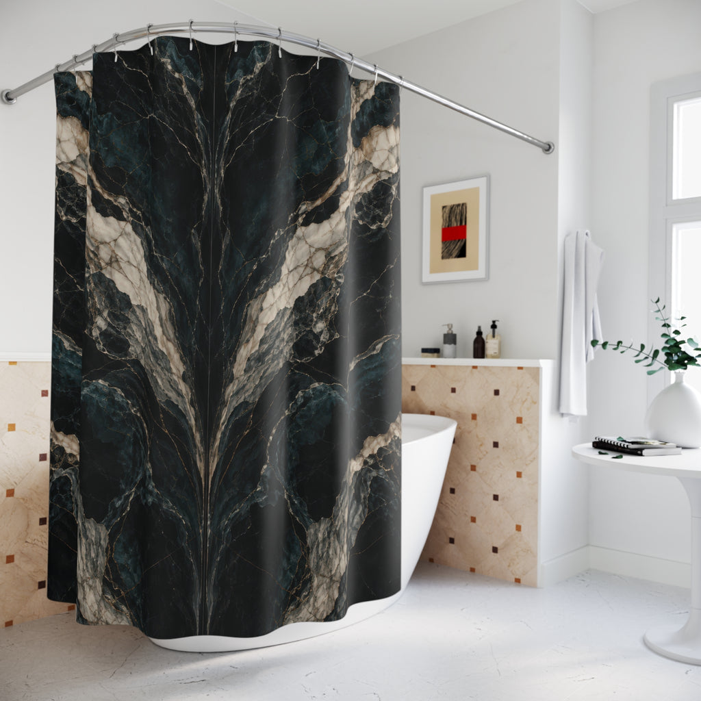 Mirrored cream marble veins on black and deep teal shower curtain beside a freestanding tub