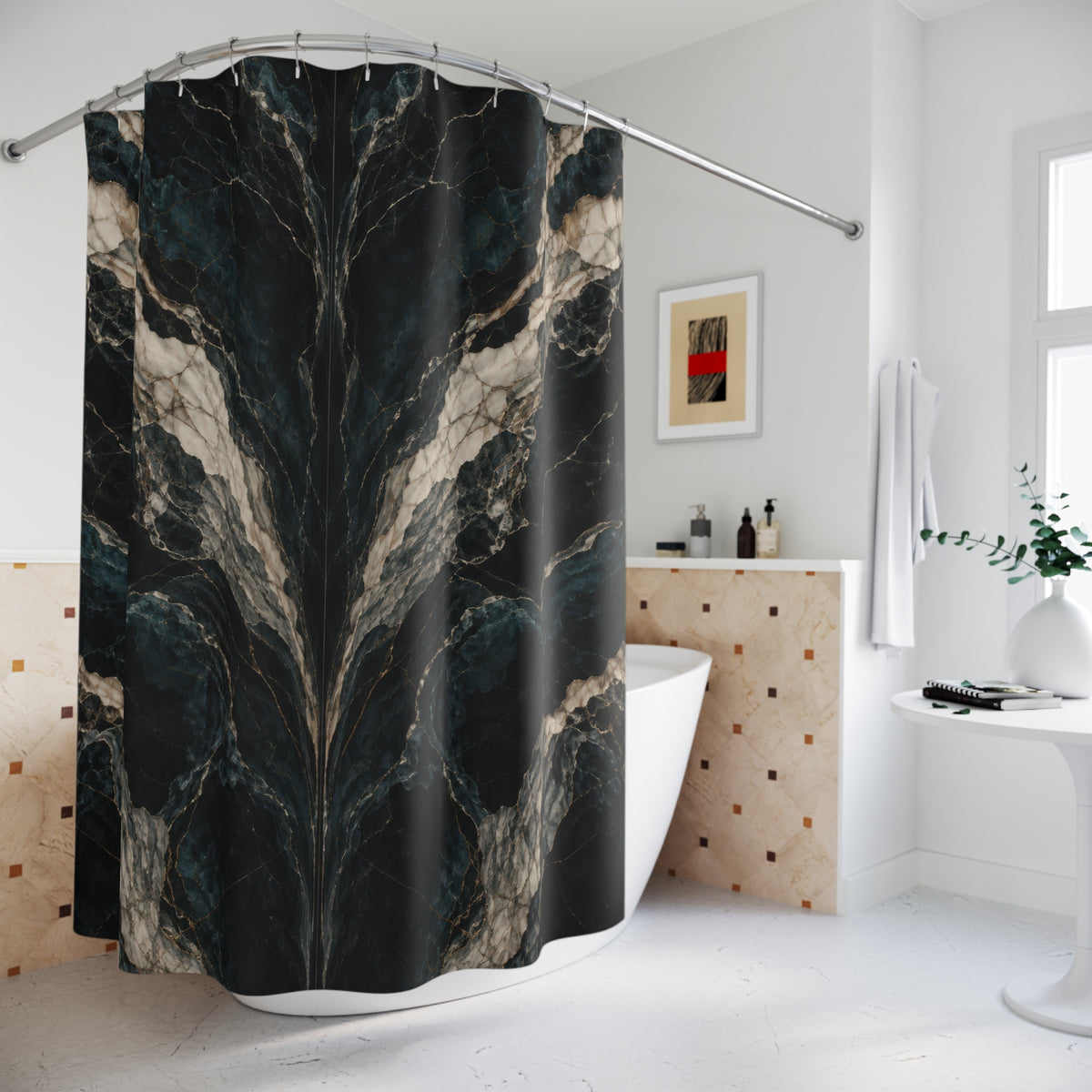 Mirrored cream marble veins on black and deep teal shower curtain beside a freestanding tub