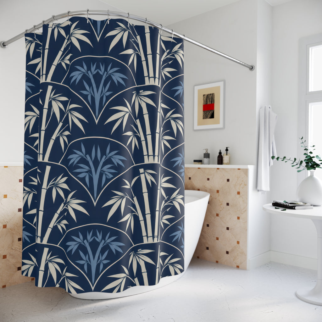Ivory bamboo and blue leaves inside navy scallops shower curtain beside a freestanding tub