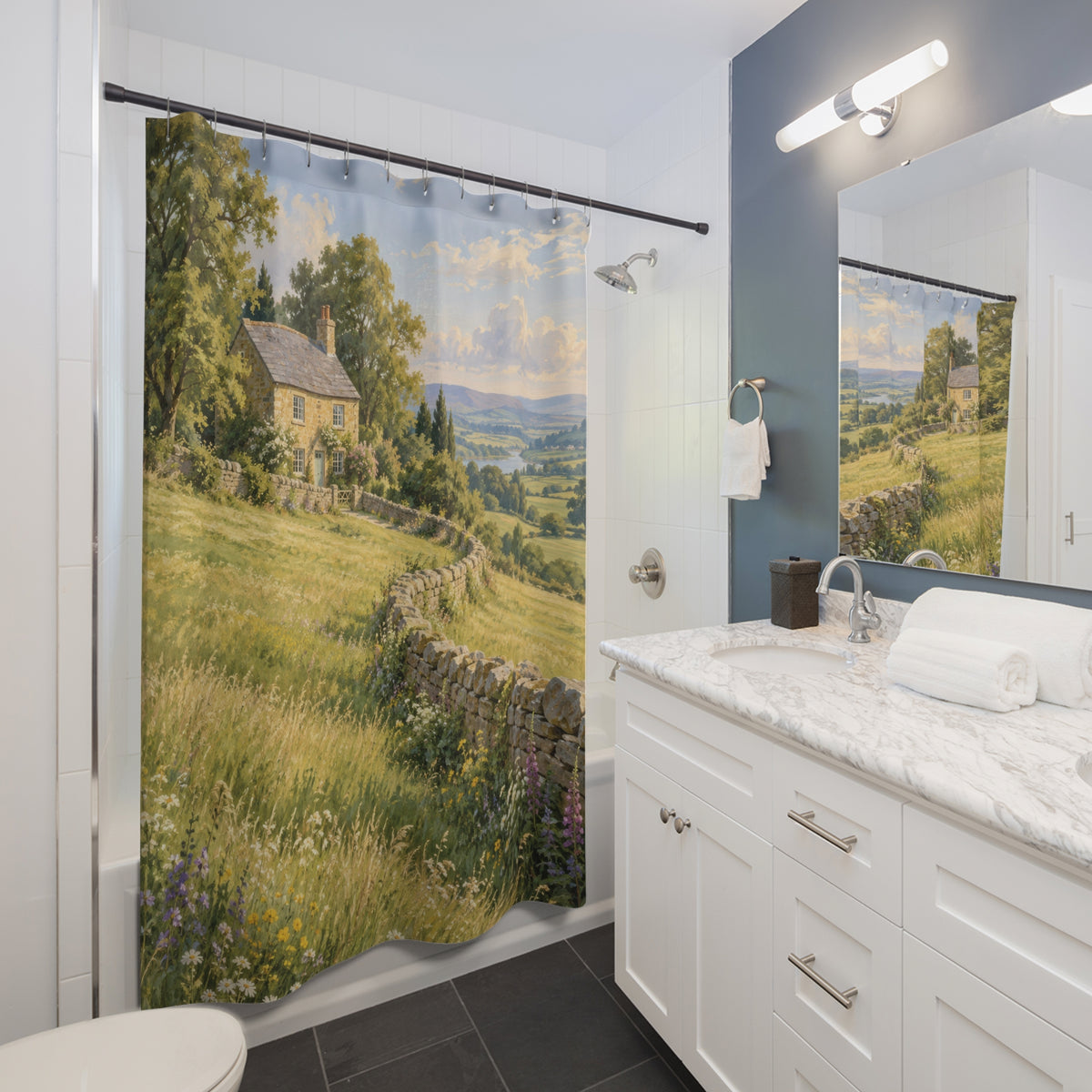 Stone cottage above a sunlit meadow and curving wall shower curtain beside a white vanity