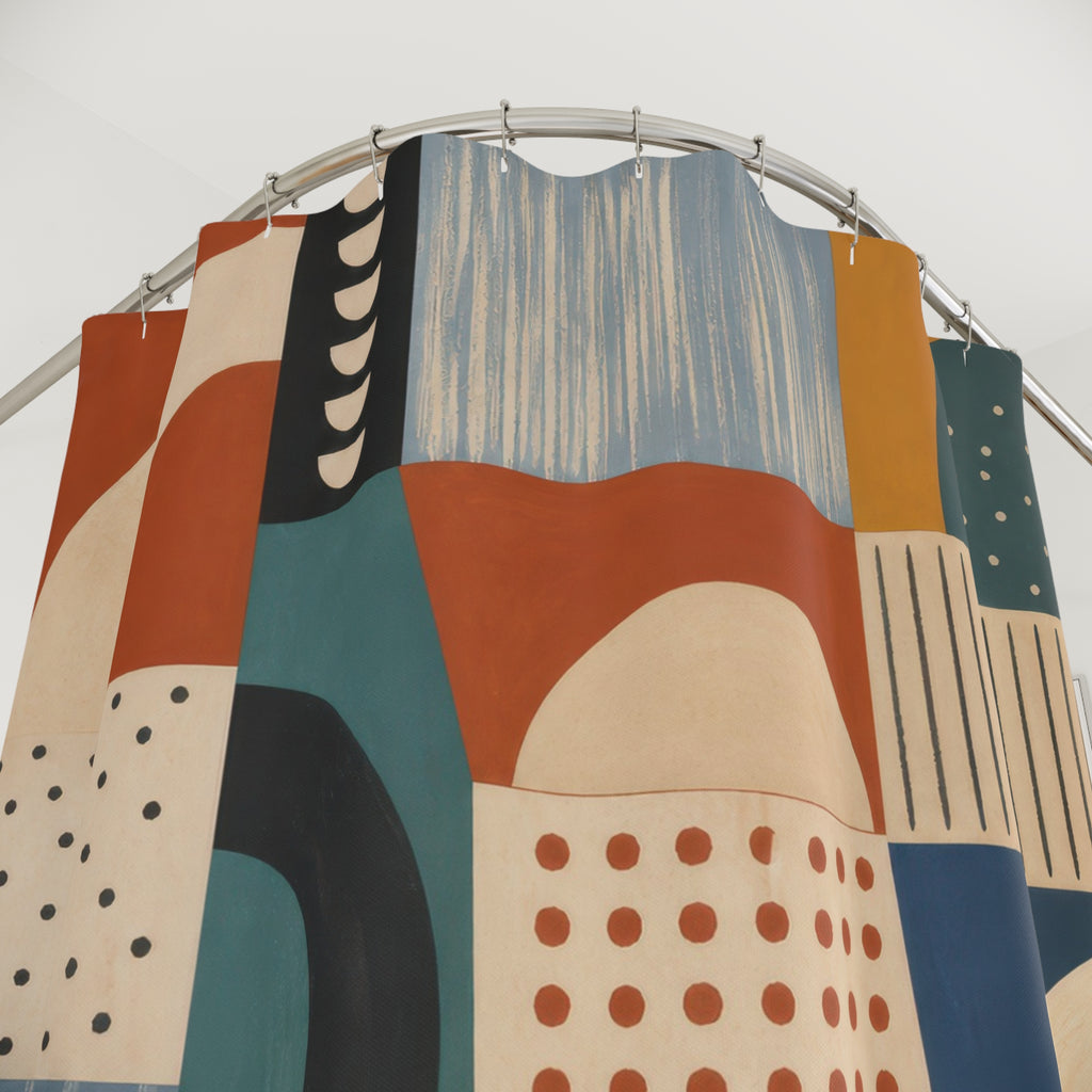 Modernist patchwork color blocks shower curtain with close-up print, hooks, and folds