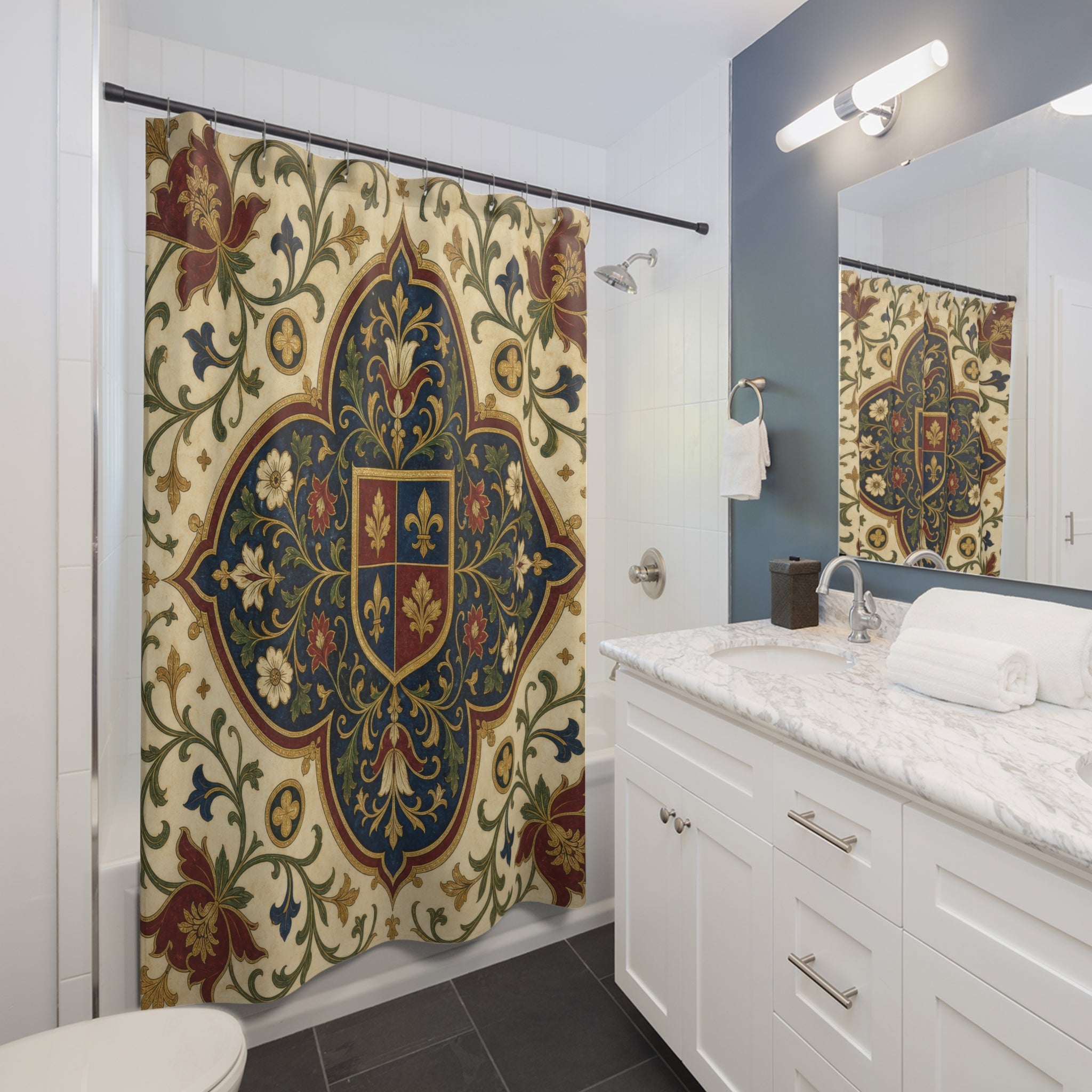 Navy Blue Gold Tapestry Medieval Shower Curtain