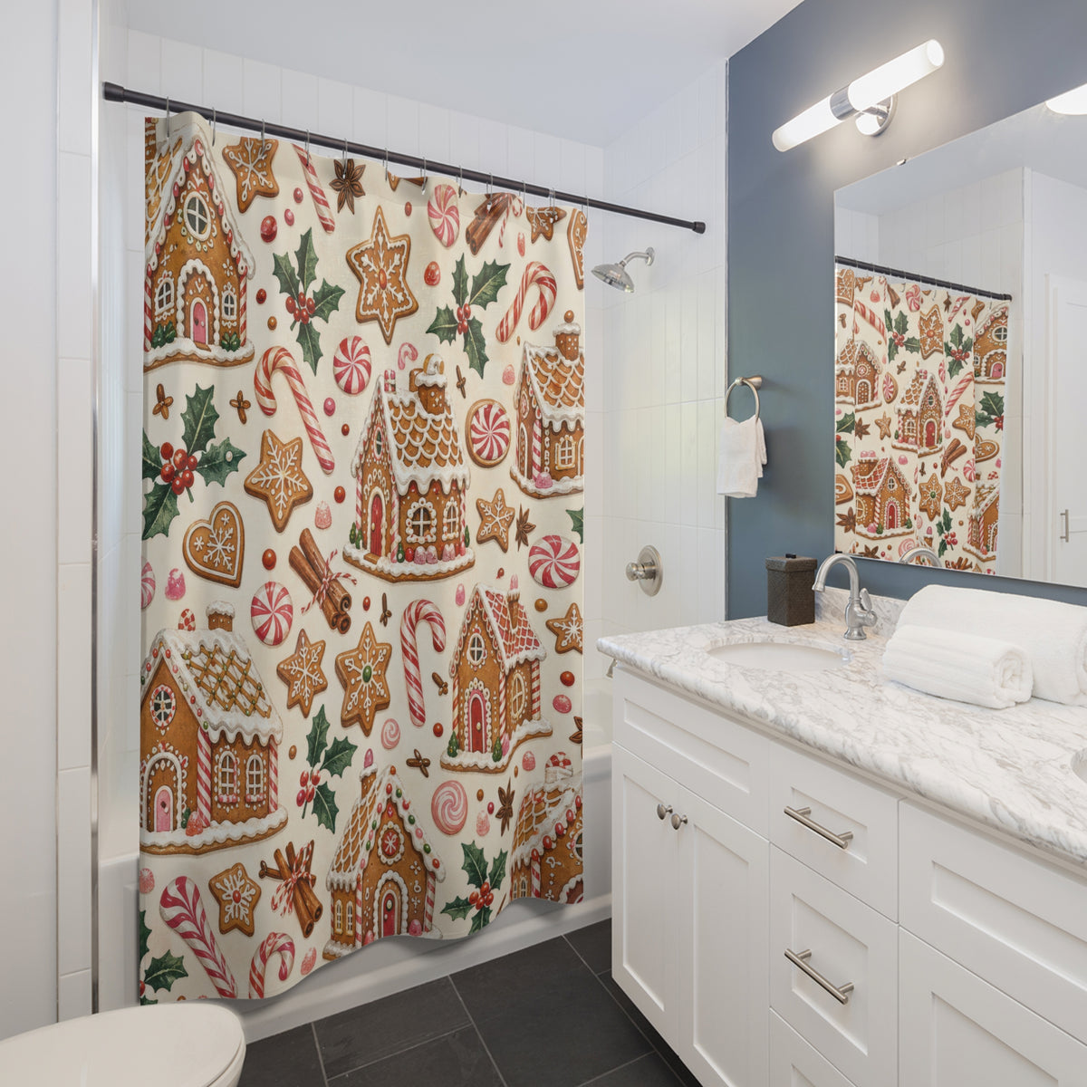 Gingerbread Cottage Candy christmas pattern shower curtain beside a white vanity