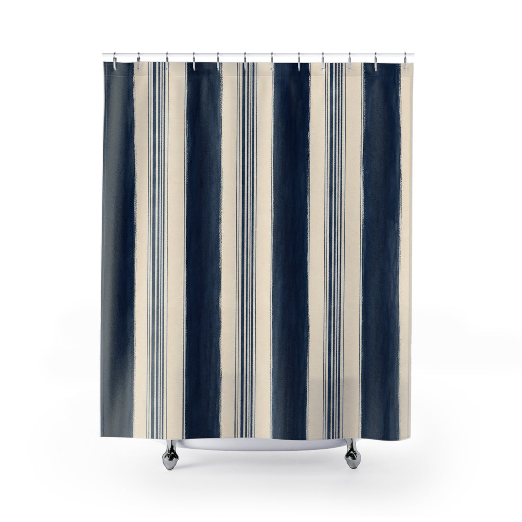 Navy Ivory Vertical Stripe Shower Curtain