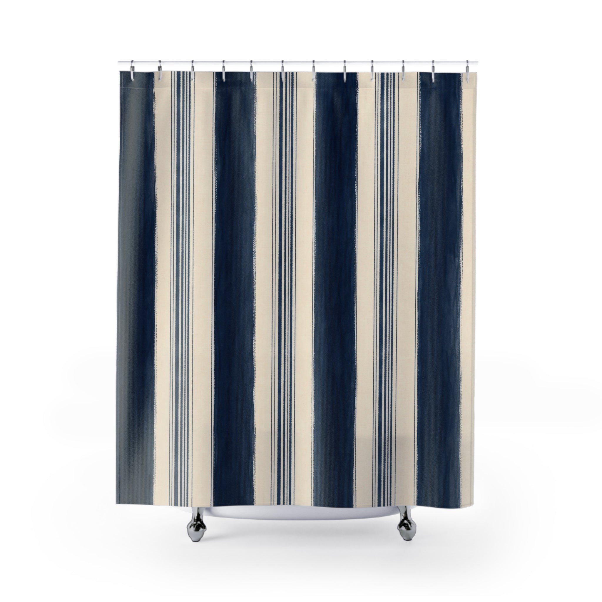 Navy Ivory Vertical Stripe Shower Curtain