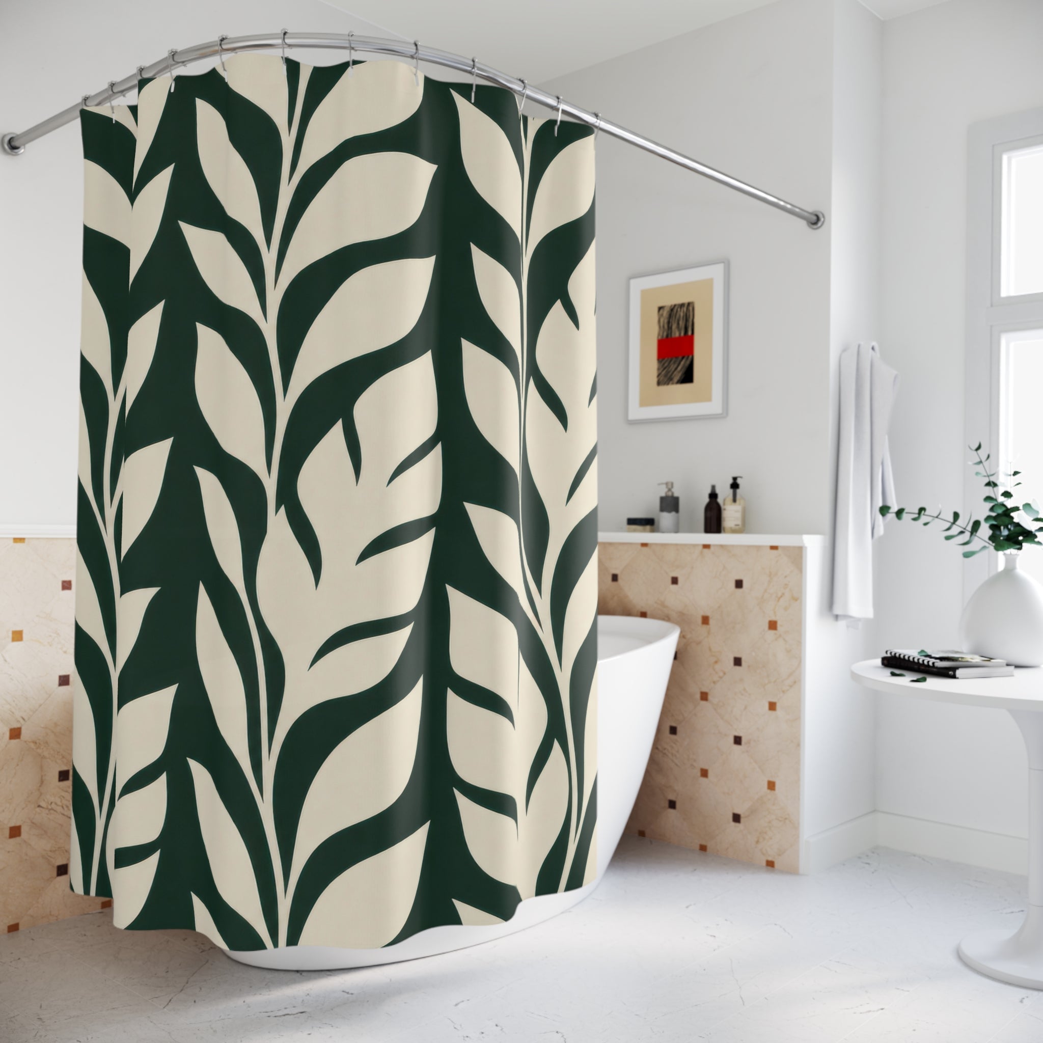 Leaf Shower Curtain, Dark Green Botanical Pattern, Cream Tropical Leaf Bath Decor, Modern Guest Bathroom Accent, Graphic Green Style