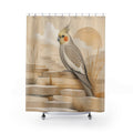 Grey cockatiel on warm beige desert terraces shower curtain, full front view