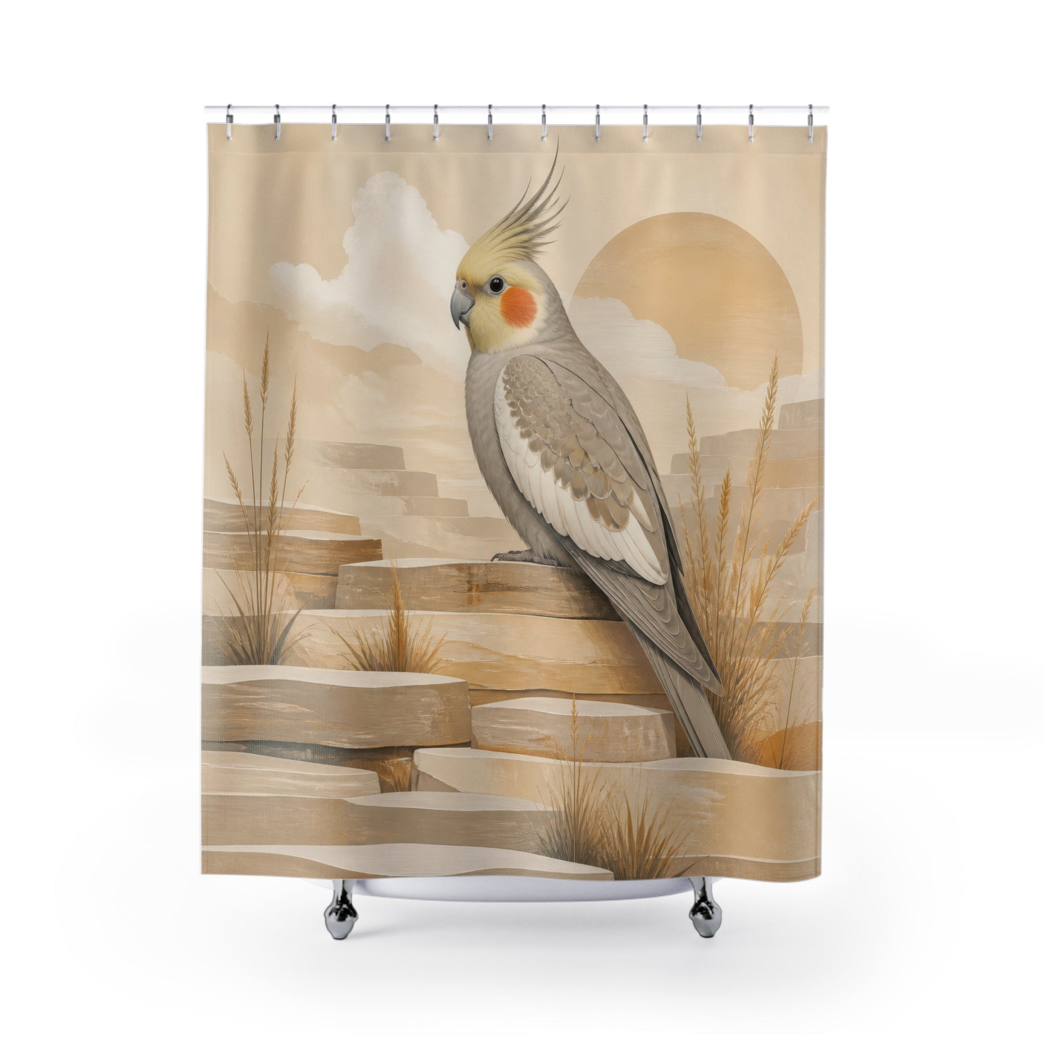 Grey cockatiel on warm beige desert terraces shower curtain, full front view