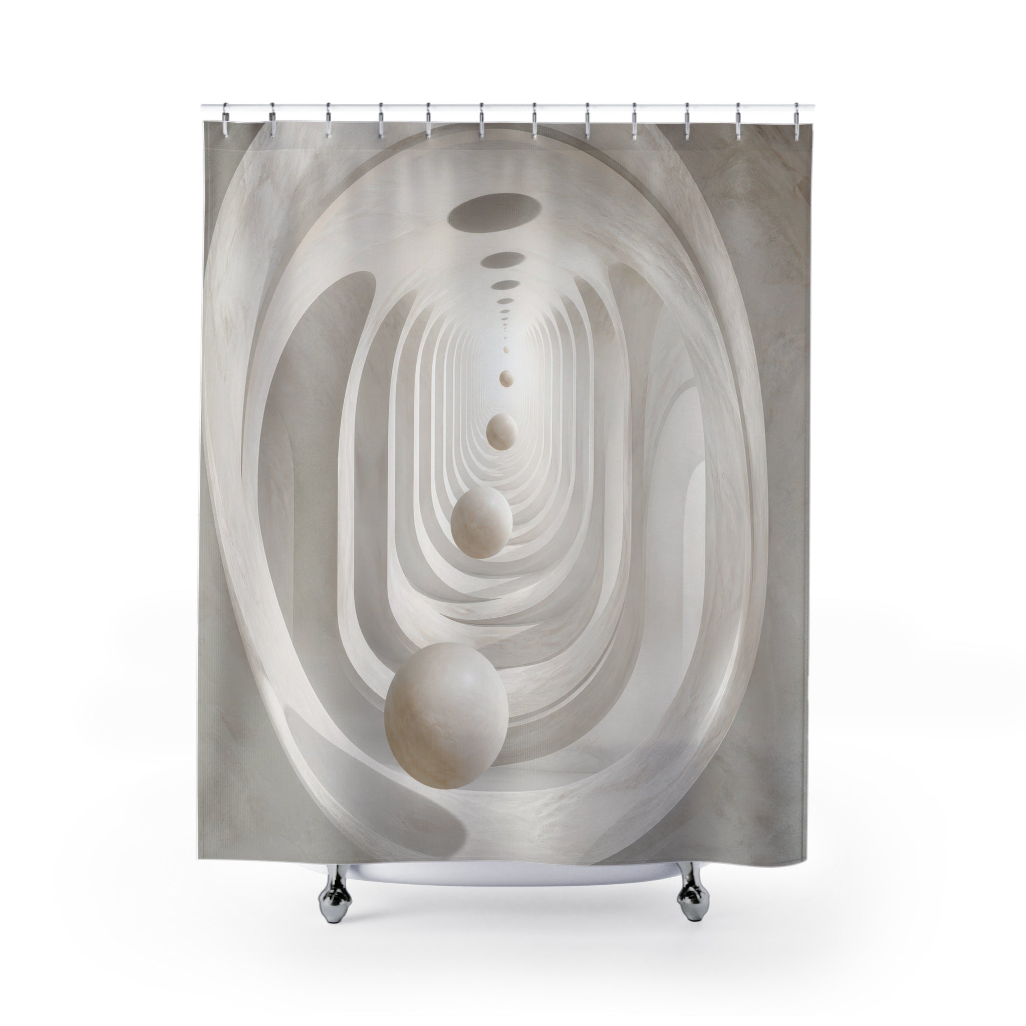 White infinite archway with floating spheres shower curtain with full front view