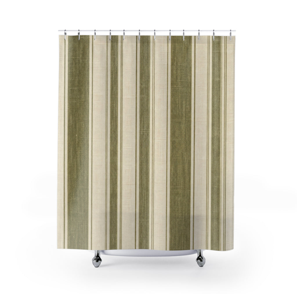 Green Stripe Shower Curtain, French Country Bath Decor, Olive Cream Vertical Stripe Pattern, Classic Guest Bathroom Decor, Olive Green Style
