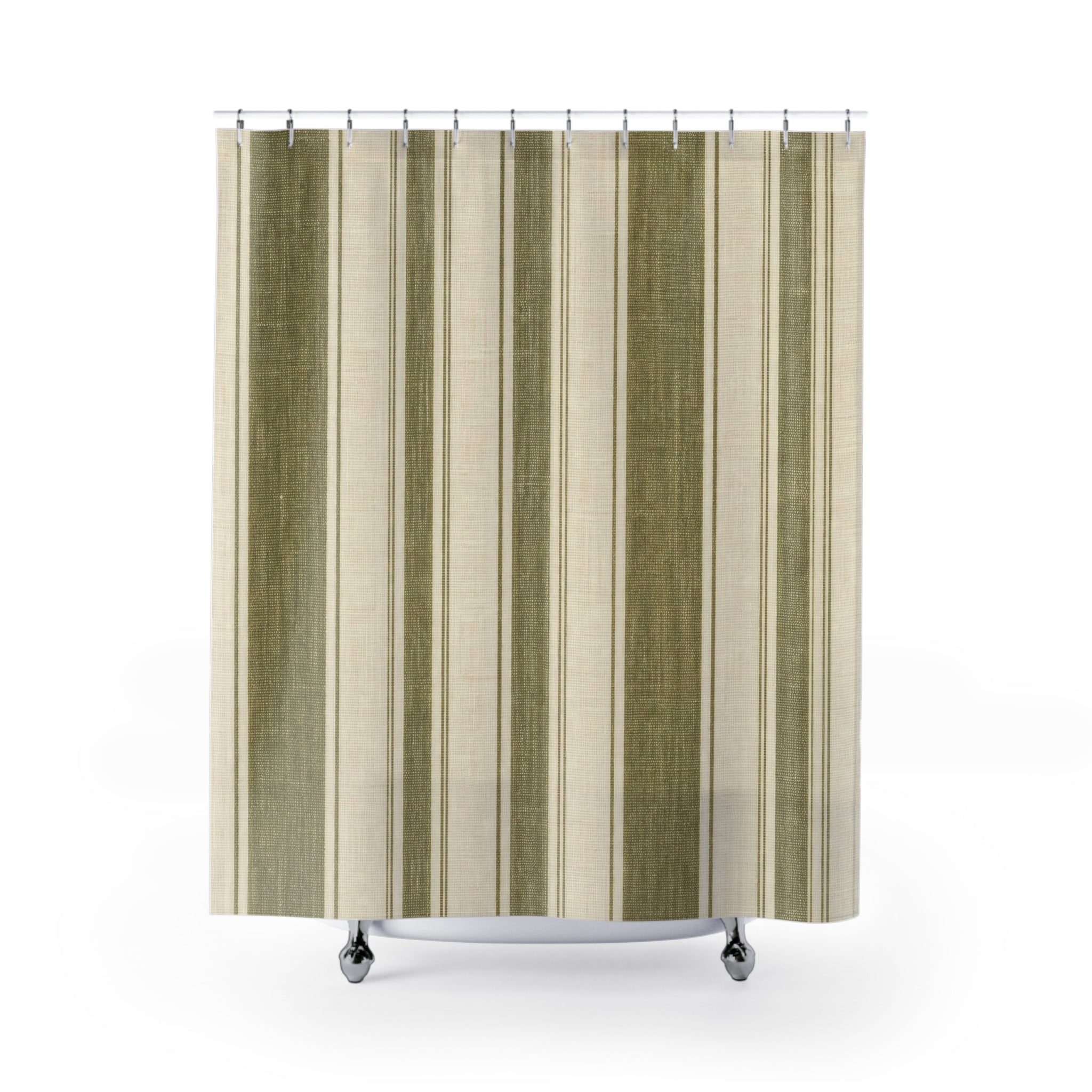 Green Stripe Shower Curtain, French Country Bath Decor, Olive Cream Vertical Stripe Pattern, Classic Guest Bathroom Decor, Olive Green Style