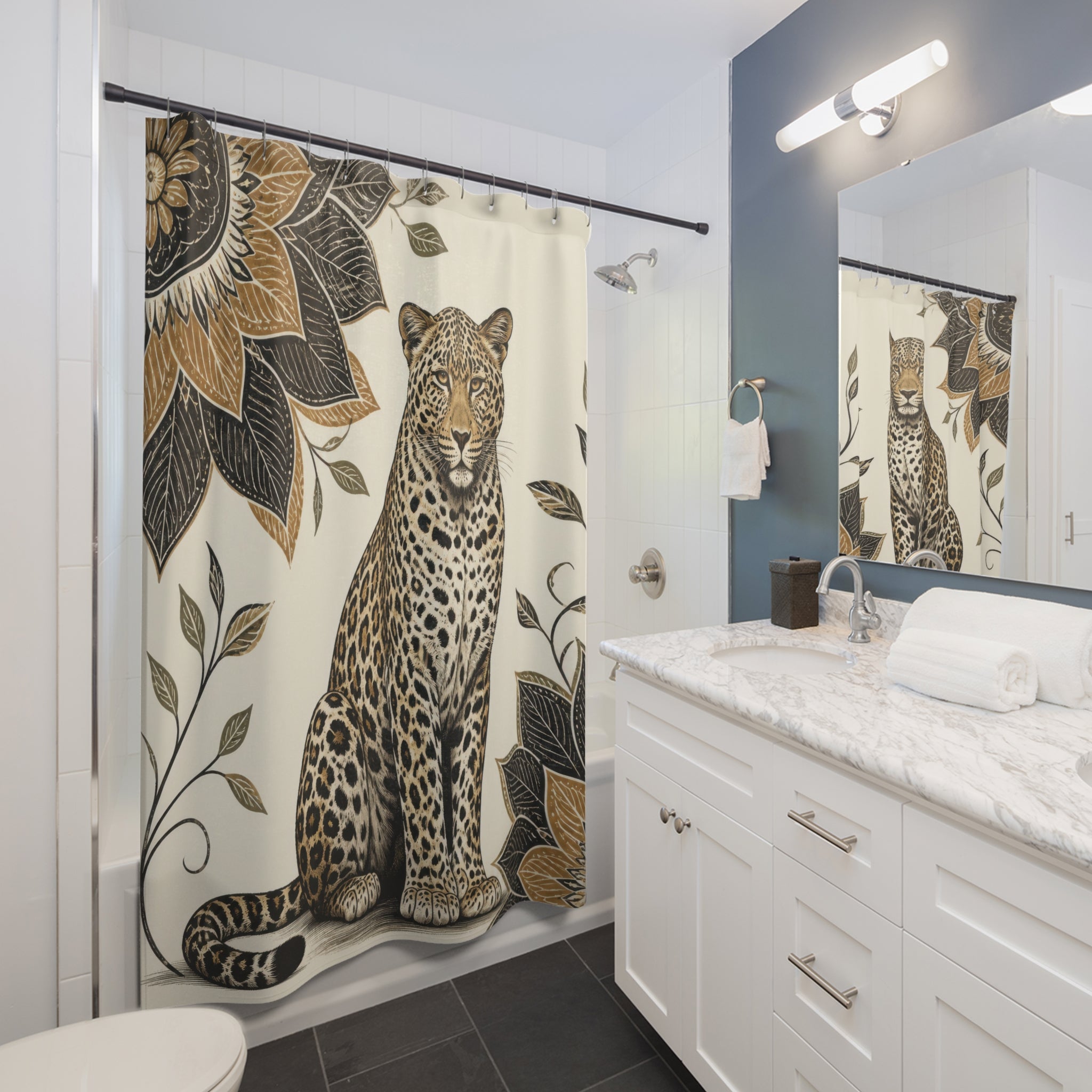 Folk botanical seated leopard portrait shower curtain beside a white vanity